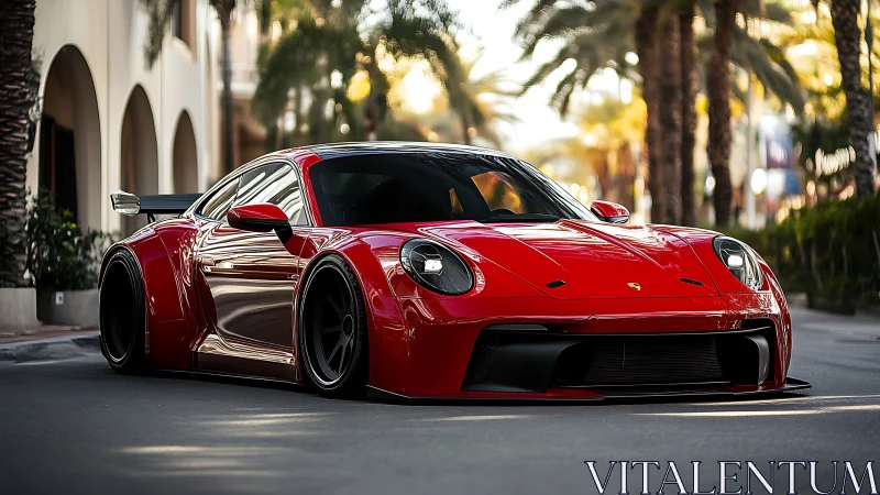 Crimson street predator coupe prowling a sunlit palm boulevard.