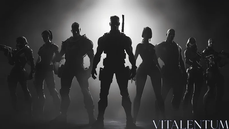 Silhouetted tactical squad stands united in cinematic light
