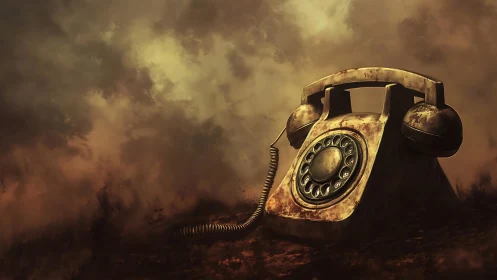 Rustic rotary telephone in stormlit desolate landscape.