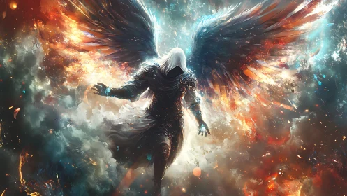 Celestial warrior descent in explosive fantasy digital chiaroscuro.