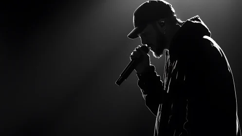 Silhouetted rapper holds microphone under single backlight
