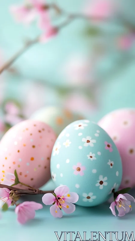 Pastel Easter eggs with delicate blossoms in soft spring light.