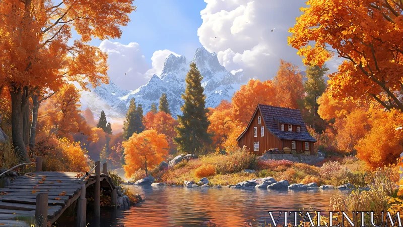 Cozy cabin by autumn lake below distant snowy peaks.