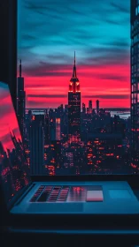 Neon city skyline glowing beyond a quiet evening laptop.