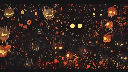 Glowing-eyed forest spirits haunt a fiery Halloween night