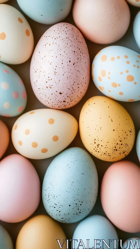 Photorealistic pastel eggs with speckled surface detailing.