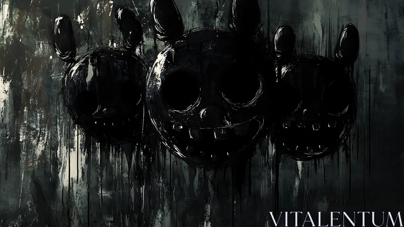 Brooding black rabbit masks in dripping abstract horror.