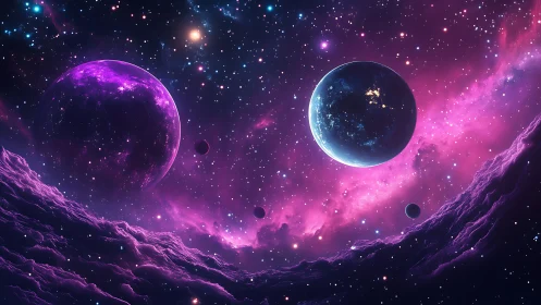 Cosmic nebula glows around distant planets in violet space.