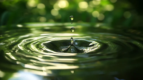 Single water droplet forming ripples on calm green surface.