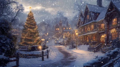 Snowlit village street wrapped in glowing Christmas wonder.