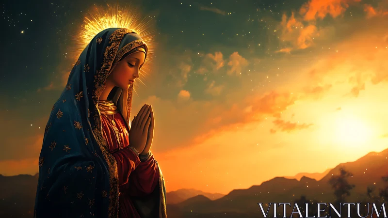 Digital Marian iconography under volumetric sunset radiance.