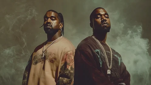 Moody double portrait of man in chains amid swirling smoke.