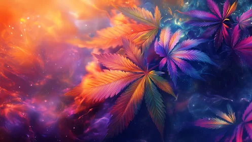 Neon cannabis leaves drift through cosmic nebula glow.