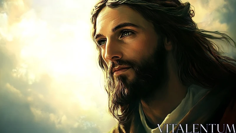 Portrait shows bearded man with long hair in glowing light