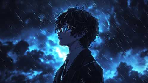 Nocturnal profile study of rainlit student under storm sky.