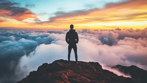 Silhouette on rocky summit above dense clouds at sunset.