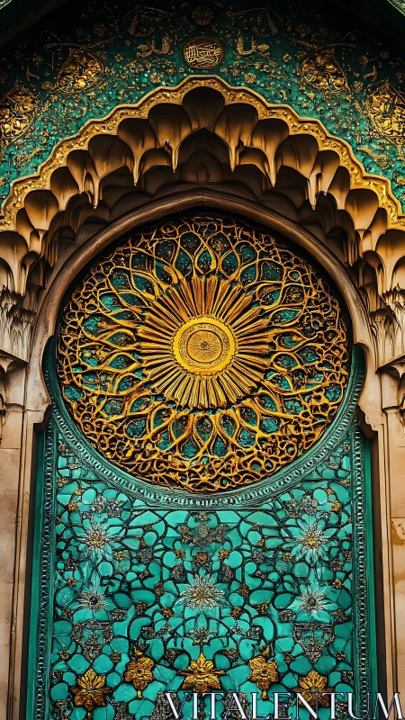 Ornate turquoise door panel shows circular gold lattice design