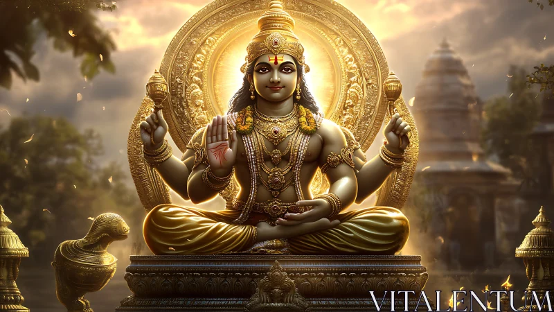 Golden seated deity statue radiates light in temple setting