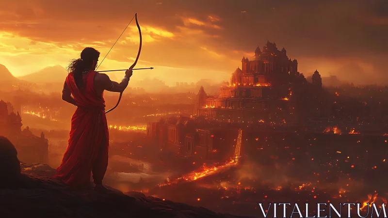 Warrior archer surveys burning citadel under a blazing sky
