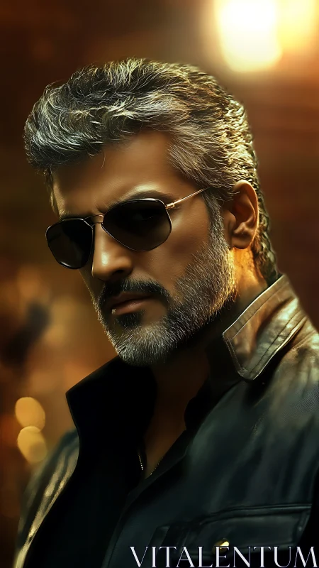 Silver-haired rebel in leather jacket under warm city lights.