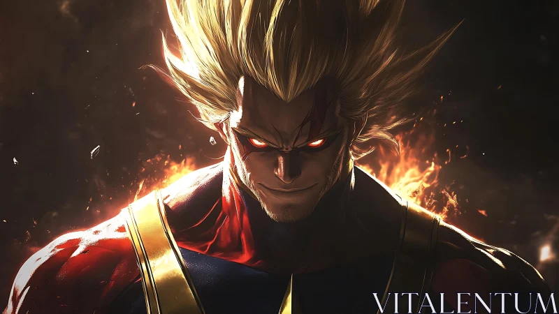 Muscular blond hero stares forward with glowing red eyes