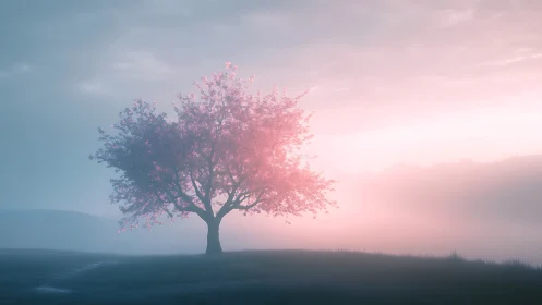 Solitary blossom tree backlit by diffuse volumetric sunrise glow