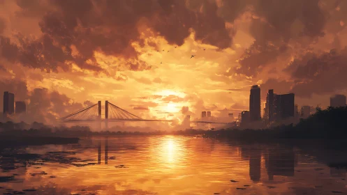 Sunset illuminates cable bridge and city skyline over river