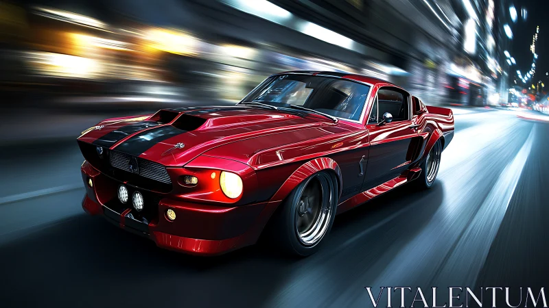 Red classic muscle car moves through nocturnal urban street