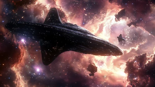 Massive ringed starship crosses nebular field in deep space