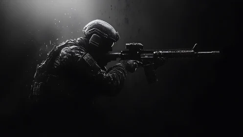 Soldier holds rifle in low key side profile against dark field