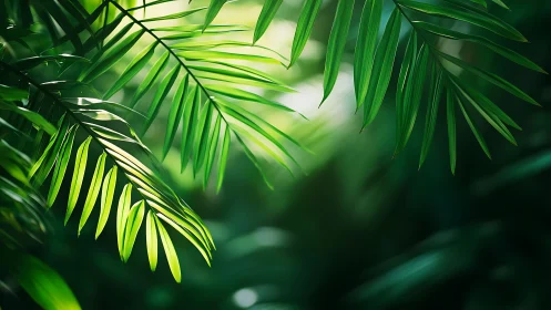 Sunlit palm leaves sway gently in a soft green jungle glow
