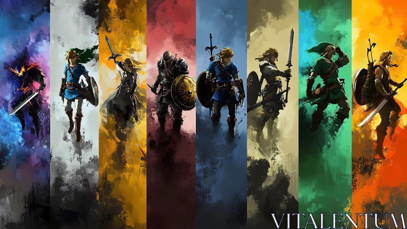 Heroic fantasy warriors in bold streaks of glowing color.