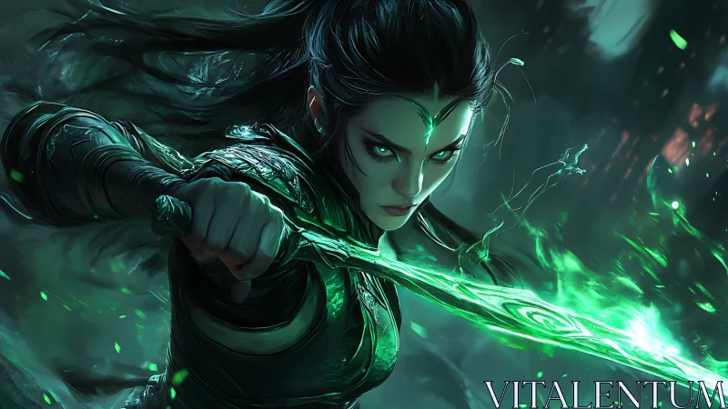 Fierce elven warrior charges forward with a blazing green blade