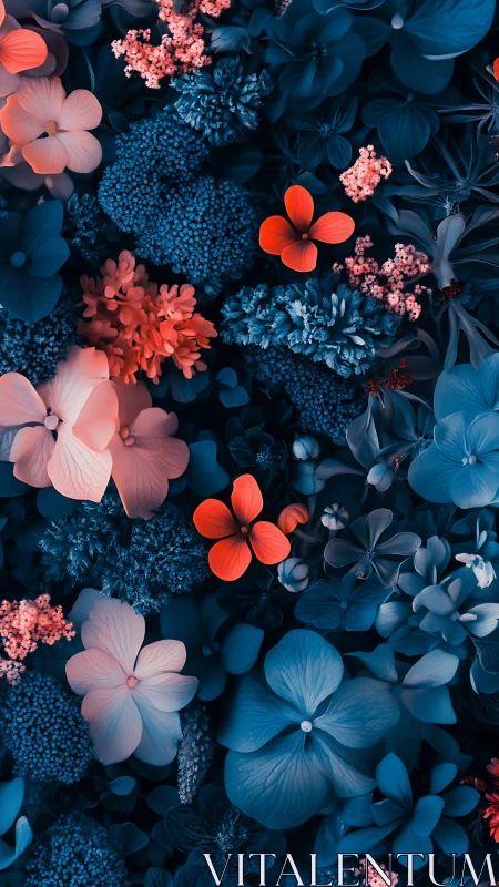 Botanical composition displaying contrasting floral specimens arranged in vertical field format