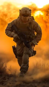 Armored soldier running through smoke and fire in desert.