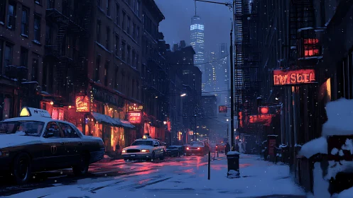 Nocturnal snowfield taxis in neon-illuminated urban canyon.