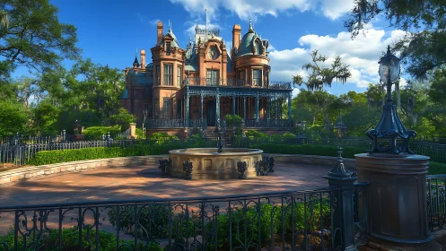 Brick mansion with ornate ironwork and central courtyard fountain.