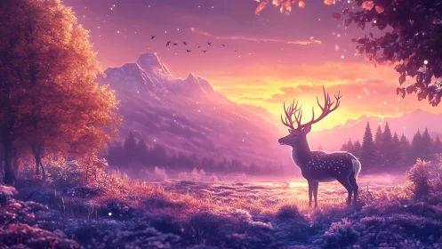 Stag in glowing mountain valley at vivid sunset light.