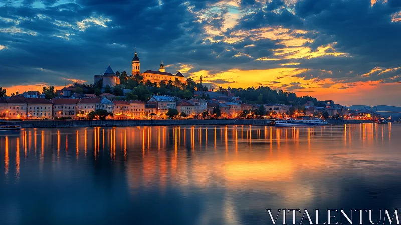 Riverside European hilltown skyline under vivid blue hour sky