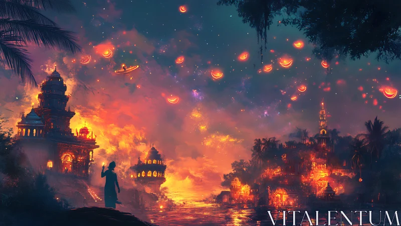 Fantasy riverside city under glowing smiling night sky.