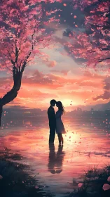 Romantic Silhouette Kiss Beneath Cherry Blossom Tree