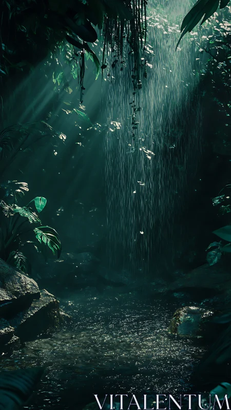 Cascading waterfall forest rain through canopy depths.