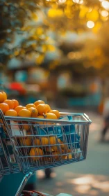 Shopping cart holds oranges under shallow depth of field