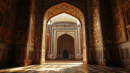 Golden arches quietly cradle a sunlit Mughal courtyard