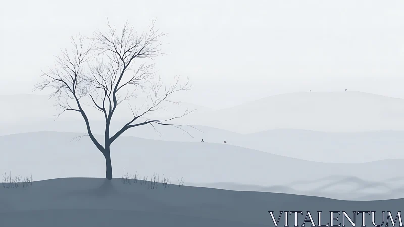 Bare deciduous tree on layered misty hills in grayscale.