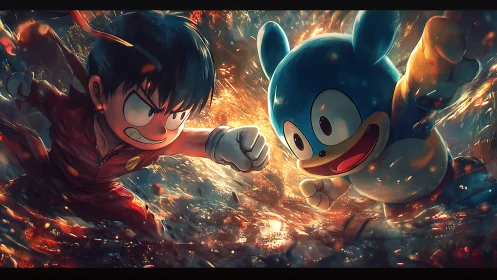 Fiery duel between determined kid hero and blue creature.