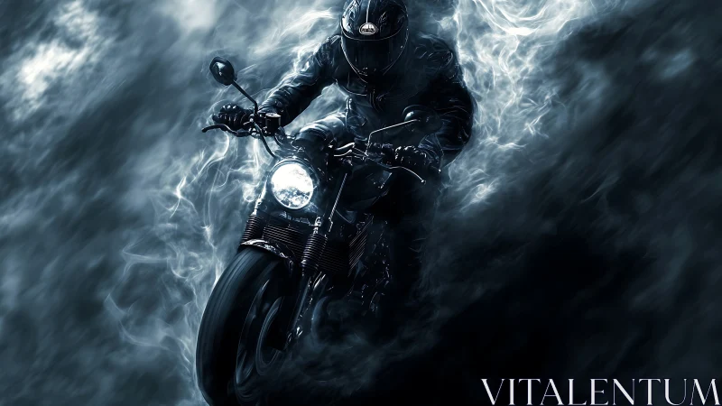 Motorcyclist rides through swirling nocturnal smoke