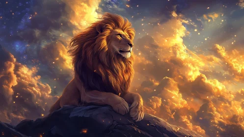 Lion king surveys blazing celestial cloudscape sky