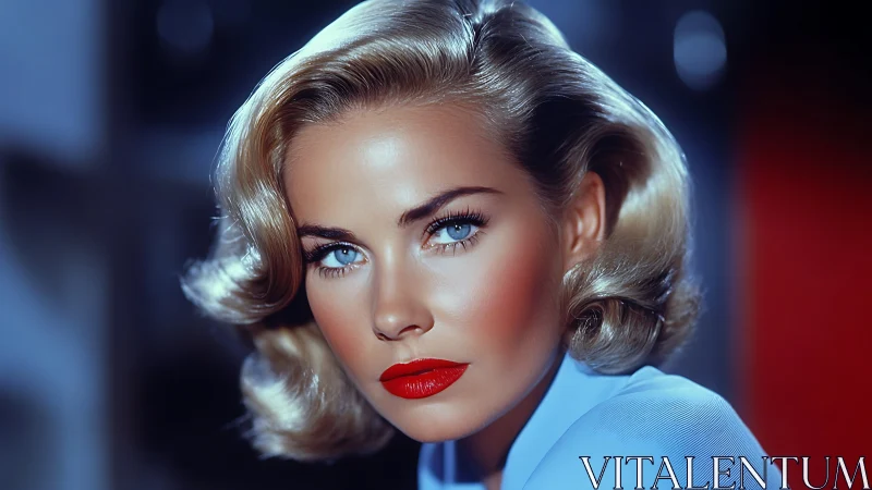 Retro glam portrait with vivid blue eyes and red lips.