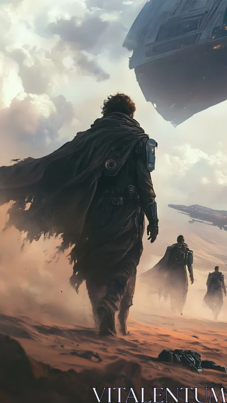 Cloaked wanderers cross desert toward looming starship
